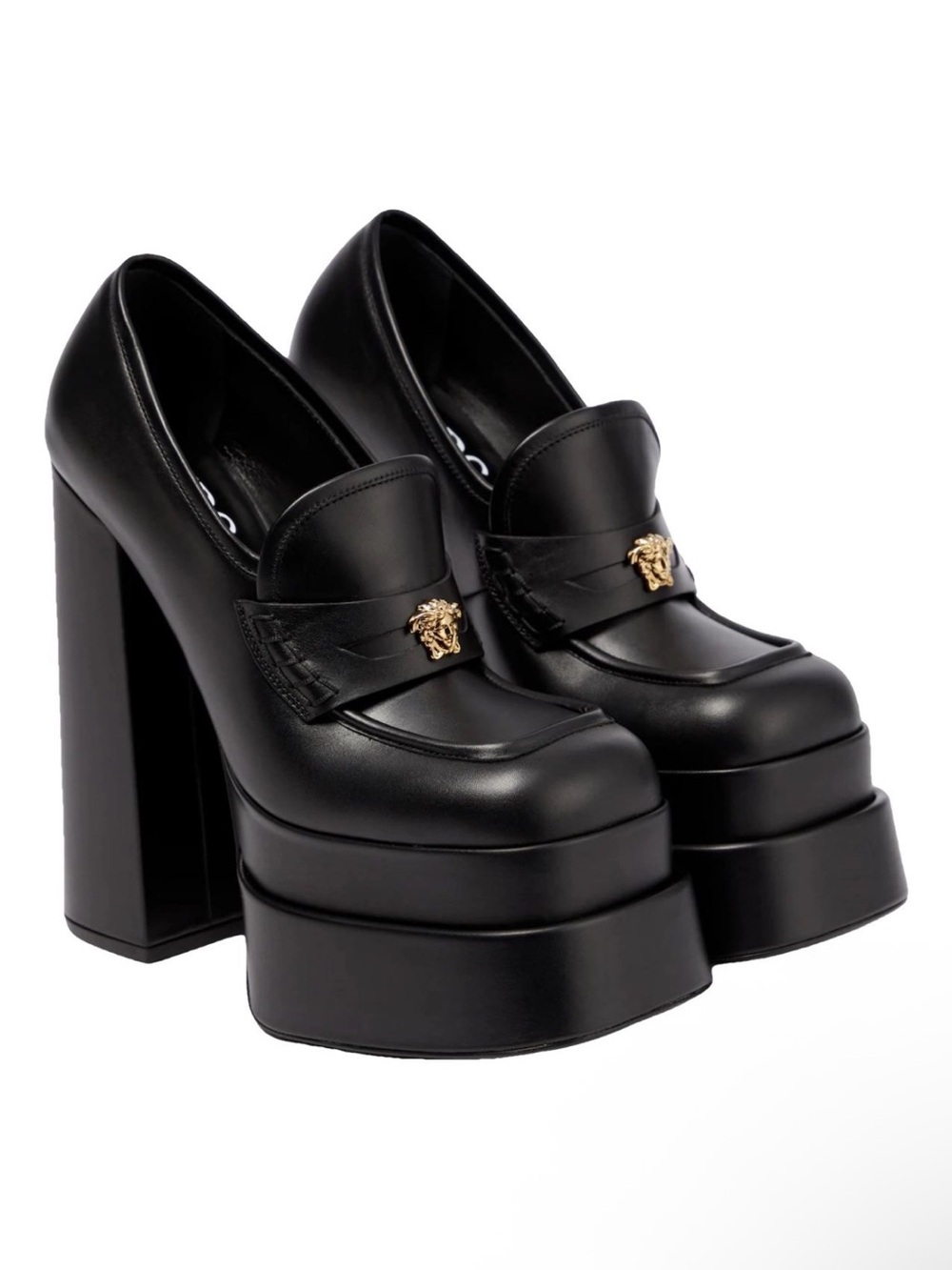 Versace Black Leather Platform Loafers with Gold Medusa
